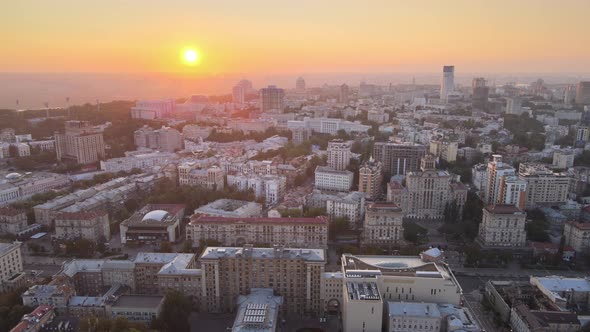 Ukraine, Kyiv : City Center in the Morning at Sunrise. Aerial View. Kiev.