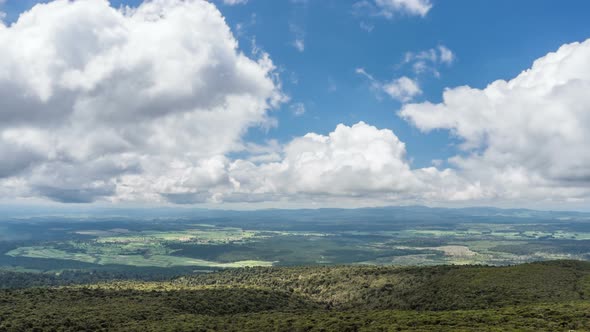 Panorama View of Green Sunny Nature in New Zealand with White Clouds in Blue Sky