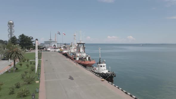 Aerial view of International Marine Station pier in Batumi city. Georgia