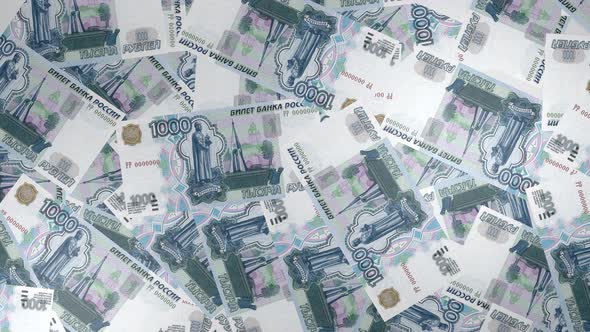 1000 Russian Ruble bills background. Many banknotes.