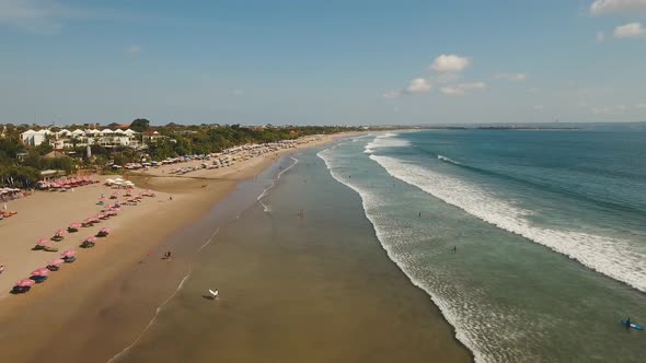 Aerial View Beautiful Beach with Surfers Bali Kuta