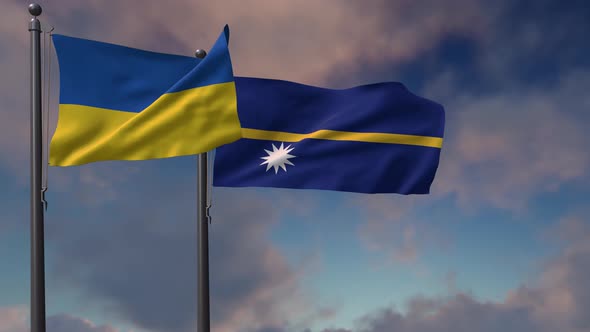 Nauru Flag Waving Along With The National Flag Of The Ukraine - 4K