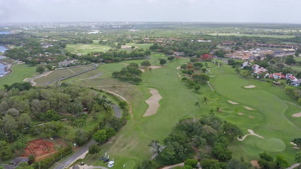 Aerial view of Pete Dye Signature golf course in La Romana, Caribbean