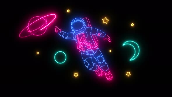 Neon Light Astronaut Planets And Stars Glow On A Black Background alt