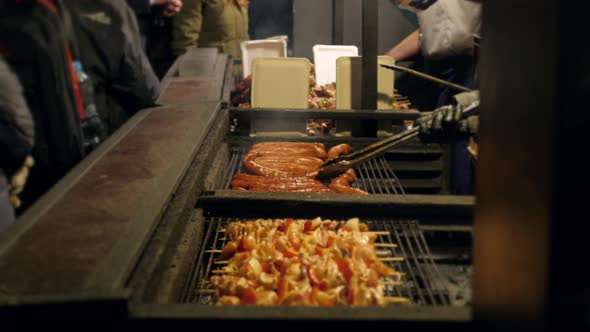 Steak Barbecues Cooking Grilling in Street Market in Prague Barbecue Grill with Various Kinds of