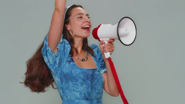 Pretty Girl Loudly Scream in Megaphone Loudspeaker Announces Advertisement Discounts Sale Hurry Up