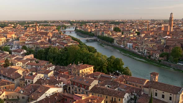 Panoramic Shot of Verona, Italy During Sunset. Old Town and Adige River. 