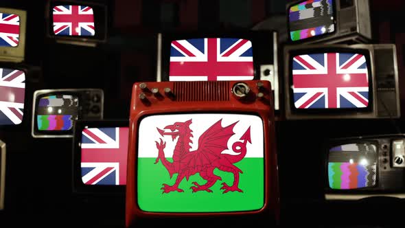 Wales Flag and UK Flag on Retro TVs.