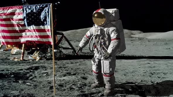 Astronaut saluting the American flag. 3d rendering.