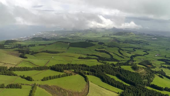 Landscape with Forest and Green Fields of San Miguel Island, Azores, Portugal. Aerial View. , FHD