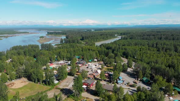 4K Drone Video of Talkeetna, AK along the Susitna River with Denali Mountain in Distance on Sunny Su