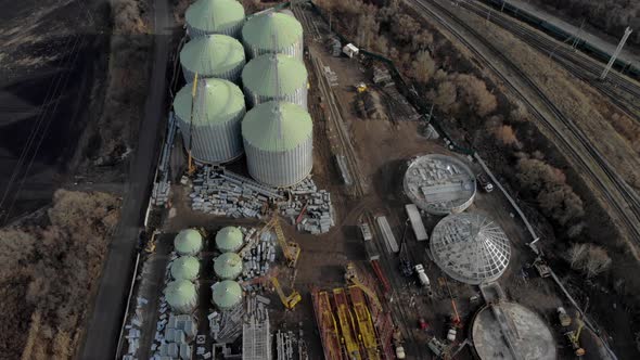 Construction of Elevators. Top View of the Construction Site. Grain Storage. Development