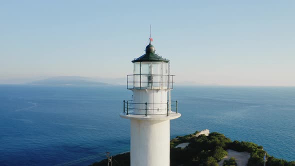 Close up round shot of top of lighthouse of Lefkada cape.