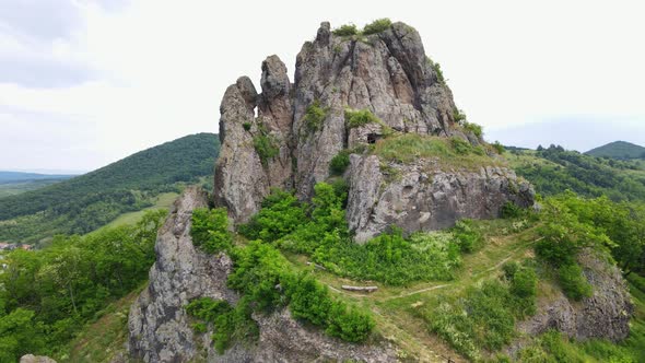 Aerial views of the castle ruins in the village Hajnacka in Slovakia