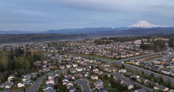 Aerial of the Sunrise Community under Mount Rainier in Puyallup, Washington.