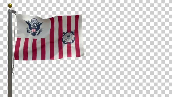 Ensign of the United States Coast Guard Flag (USA) on Flagpole with Alpha Channel - 4K