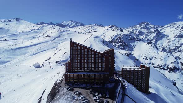 Ski station center at Andes Mountains. Snow winterness scenery.