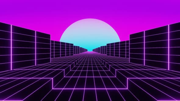 Abstract Retro Purple Neon Road with Buildings with Blue Moon alt