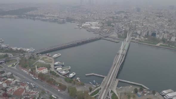 Aerial footage of Suleymaniye Mosque from a foggy day 