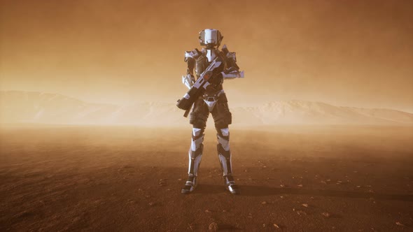 Futuristic Soldier in Desert at Sandstorm