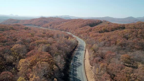 Aerial Shot of Cars Driving on a Highway Road in Between Autumn Forest Fall Season