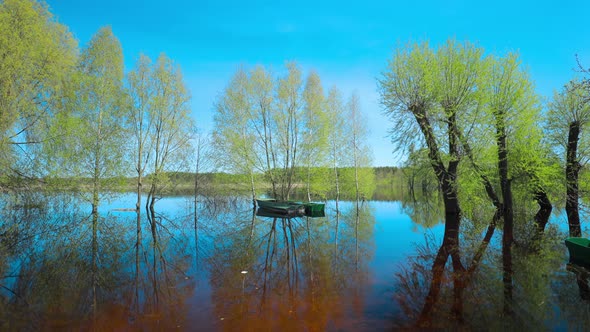 Boats Moored Near Trees That Standing In Water During Spring Flood Floodwaters