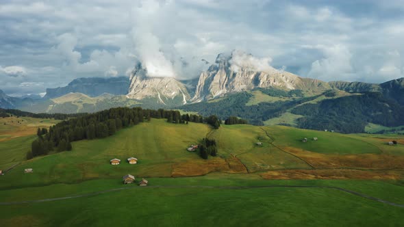 Alpe Di Suisi Dolomites Italy Aerial Drone View of Alpine Meadow at Idyllic Seiser Alm Valley with