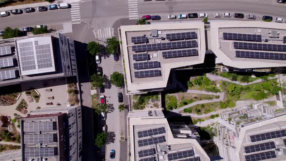 Rooftops with sun panels in Montpellier, France.