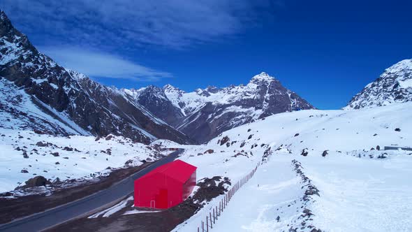 Panoramic view of Ski station centre resort at snowy Andes Mountains.