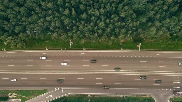 Traffic on the Suburban Sixlane Highway  Top View Overhead Shot