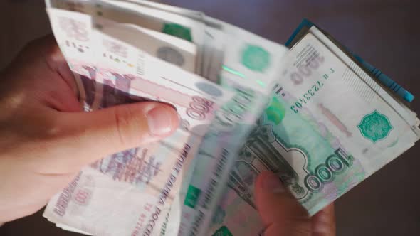 Male Hands Count Money Currency Russian Ruble