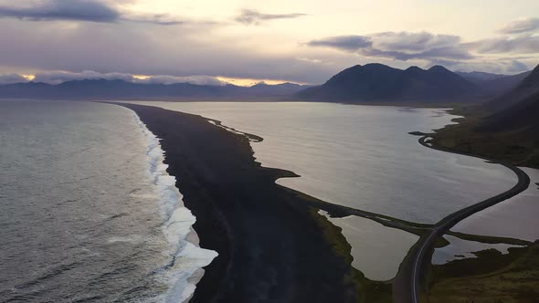 Flying Over a Black Sand Beach and the Ring Road in Iceland