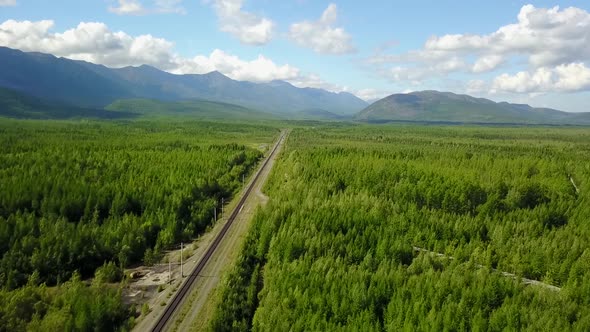 Bam road to Magadan in Siberia. Baikal-Amur Mainline. Russia. Aerial Dron Shot.	