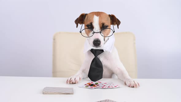 Jack Russell Terrier Dog with Glasses and Tie Plays Poker