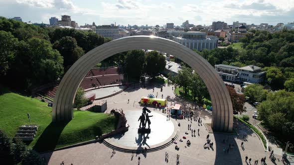 Aerial View of the People's Friendship Arch in Kiev Khreshchatyk Park