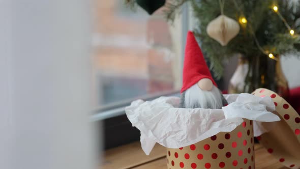 Christmas Gnome in Gift Box on Window Sill at Home