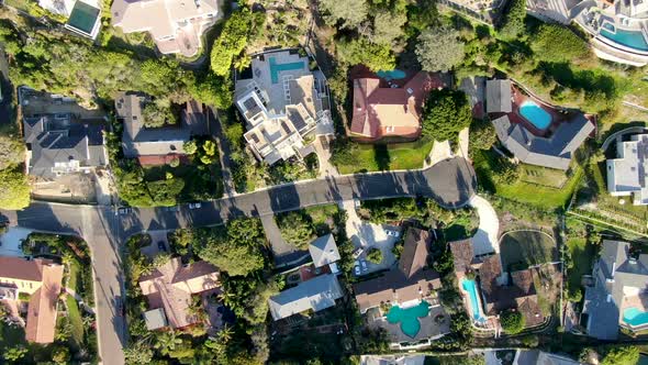 Aerial Top View of La Jolla Little Coastline City with Wealthy Villas and Swimming Pool