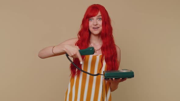 Cheerful Red Hair Girl Secretary Talking on Wired Vintage Telephone of 80s Say Hey you Call Me Back