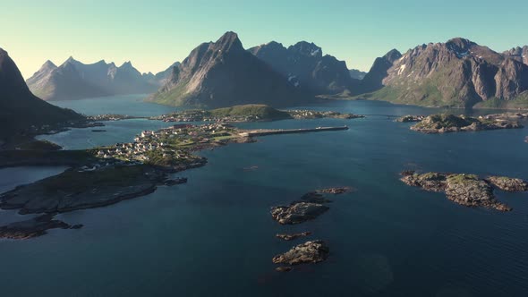 Aerial view on the fishing village Reine and Hamnoya ,Lofoten Islands,Norway