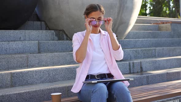 Businesswoman Sitting Stairs Summer Park Using Laptop Business Person Working Remote