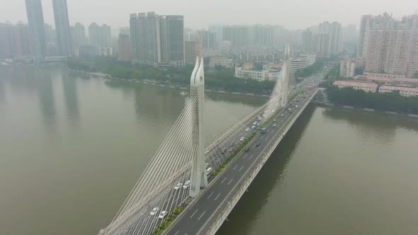 Bridge in Guangzhou, Car Traffic and Cityscape. Guangdong, China. Aerial View