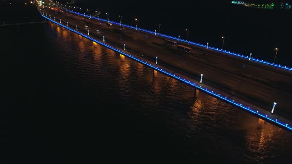 Aerial View of the Bridge in the Modern City Panoramic View of the Bridge with Illumination