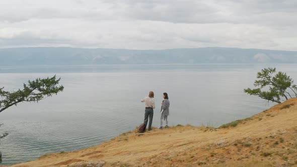 Beautiful view of the lake from the cliff Summer Baikal lake Olkhon island