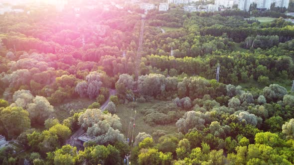 Green sunset park attractions aerial, Kharkiv city