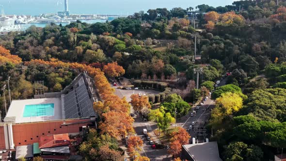 Aerial drone view of Barcelona city at daylight. Montjuic district. Spain