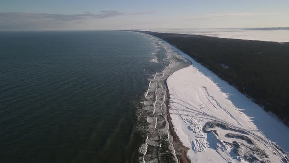 Waves Splashing To Snow-covered Shore At The Baltic Sea In Poland In Winter. aerial drone pullback