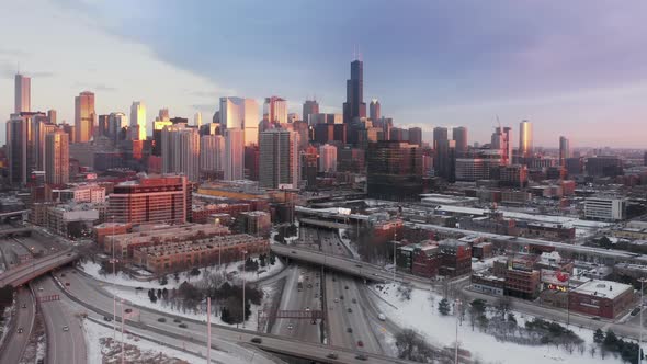 Aerial View Golden Sunset Skyline Chicago America Chicago Business Downtown