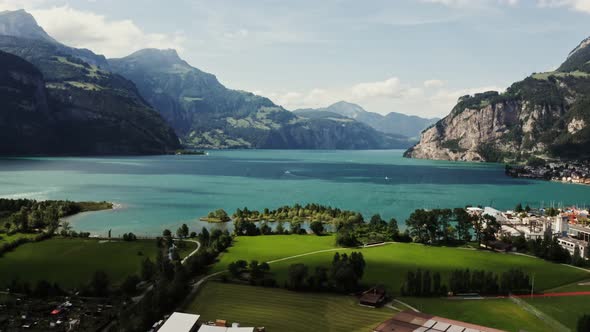 A Town on the Lake with a View of the Mountain Valley Drone Video