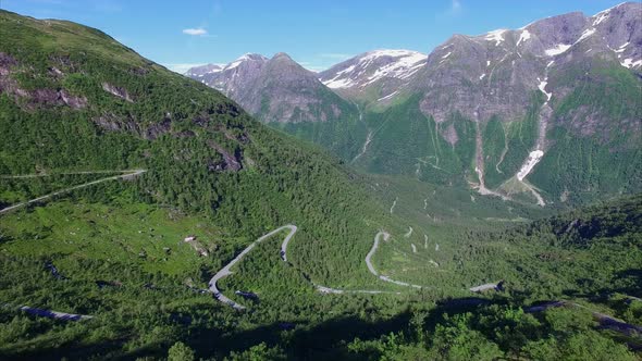 Aerial view of hairpin bends in Norwegian mountain pass