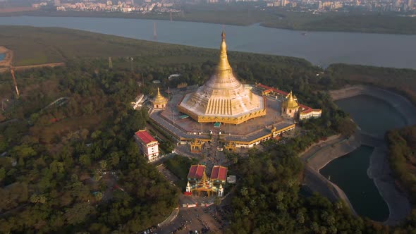 Mumbai, India, "Global Pagoda" temple, 4k aerial drone sunset footage